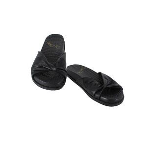 Joan Oloff Sandal Sz 9 M Black Slip On Leather Rubber Sandals